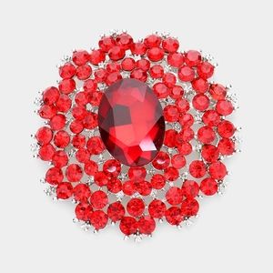 Gold Red Oval Brooch Crystal Pin Stone Circle Style Rhinestones Bling Accessory